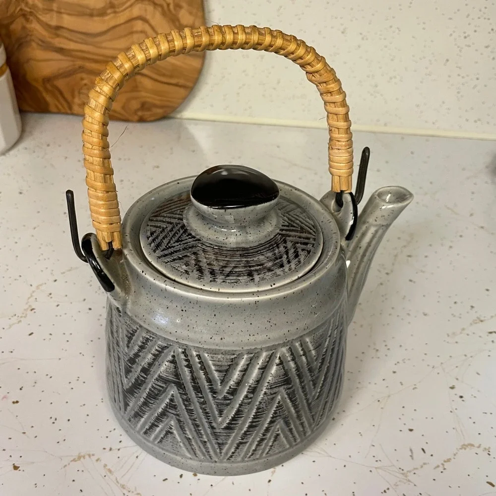 VTG Japanese Stoneware Teapot 70s Geometric Chevron MCM Asian Studio Art Pottery